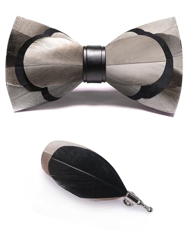 RBOCOTT Handmade Feather Pre-tied Bow tie and Brooch Sets for Men - color: Brown/Black