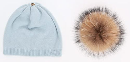 Women's Double Layer Winter Slouchy Knit Beanie Hat with Real Fur Pom Pom - color: Blue