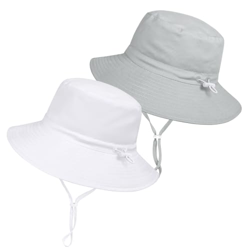 Baby Toddler Sun Hat,Boys Girls Adjustable Bucket Hat for Kids UPF 50+ Sun Protective Child Summer Beach Hats 0-5 Years - color: White & Gray -2pcs, size: 2-5T