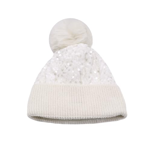Women Sparkly Sequins Knitted Beanie Hat Warm Winter Skull Cap with Faux Fur Pom Pom - color: X Ceamy White With Knit Cuffs