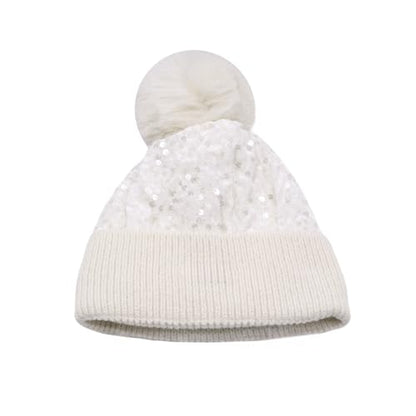 Women Sparkly Sequins Knitted Beanie Hat Warm Winter Skull Cap with Faux Fur Pom Pom - color: X Ceamy White With Knit Cuffs