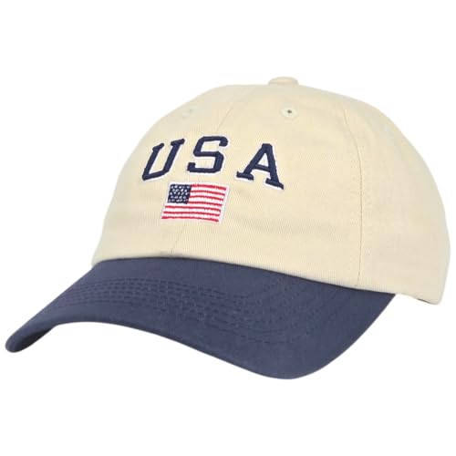 E BY ELIDAN USA Hat, Embroidered American Flag Baseball Cap for Men Women - color: Cream + Navy