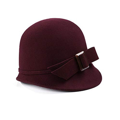 Women Solid Color 100% Wool Winter Hat Women Cloche Bucket Bowler with Bowknot - color: Burgundy