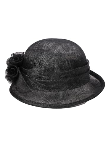 HIMESPORT Retro Sinamay Veil Flower Bride Wedding Fascinator Hat Feather Bowler Hat Hair Accessory Banquet Cocktail Party - color: Black