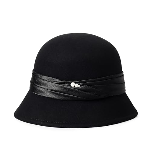 Women Cloche Felt Hat Winter Wool Bucket Hat Vintage Fedora Bowler Hat - color: 3-black