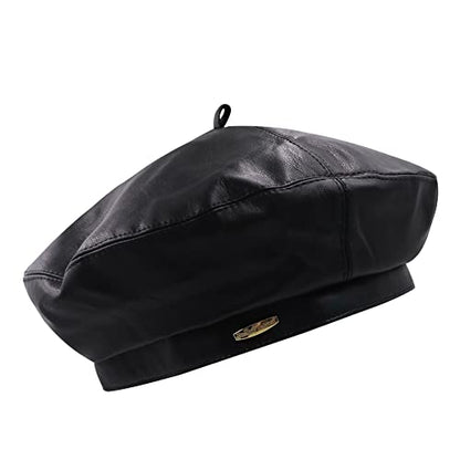 Women Classic PU Leather French Beret Beanie Hat Pumpkin Cap - color: Black 2#