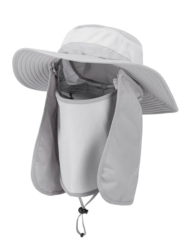 Fishing Hat, UPF 50+ Sun Cap with Detachable Mask - color: Light Grey