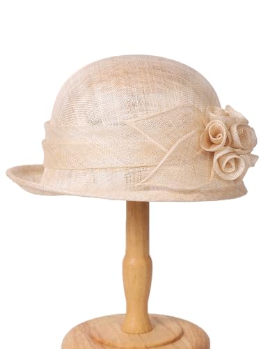 HIMESPORT Retro Sinamay Veil Flower Bride Wedding Fascinator Hat Feather Bowler Hat Hair Accessory Banquet Cocktail Party - color: Khaki