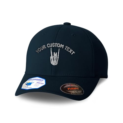 Custom Flexfit Cap for Men & Women Embroidered Skeleton Finger Skull Hand Flexfit Hats Baseball Caps - color: Dark Navy Personalized Text Here, size: Large-X-Large