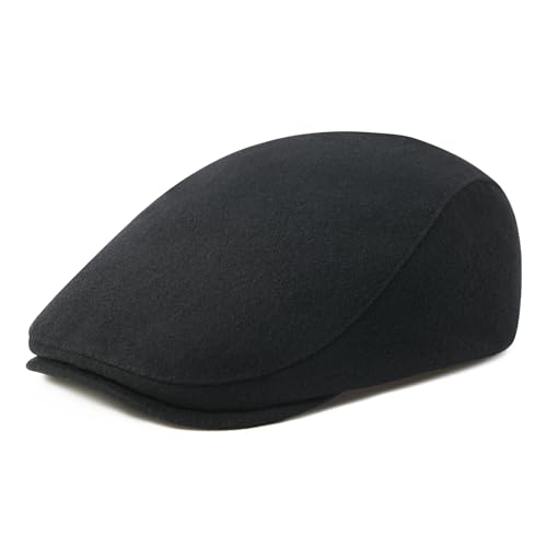 FEINION Men Wool Blend Flat Cap Tweed Newsboy Ivy Hat - color: Black