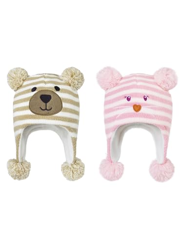 Baby Winter Hat Toddler Beanie Warm Fleece Lined Earflap Cap with Pom Pom - color: O2pcs Bear Beige & Cat Pink, size: 2-3T