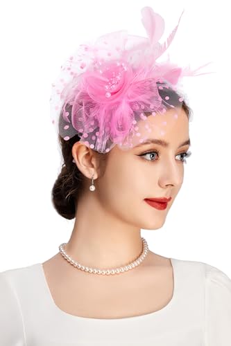 BABEYOND Fascinators Hats for Women Tea Party Flower Tulle Bead Derby Hat - color: Pink