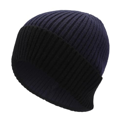 ZLYC Men Winter Knit Fisherman Beanie Hat Fashion Warm Daily Skull Cap - color: Cuffed Black and Navy