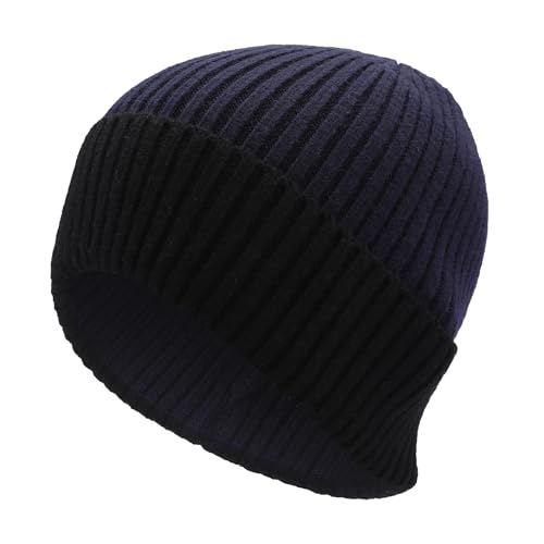 ZLYC Men Winter Knit Fisherman Beanie Hat Fashion Warm Daily Skull Cap - color: Cuffed Black and Navy