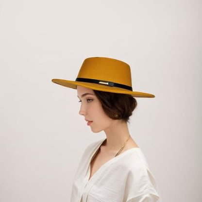 Fedora Hat for Men and Women, Wide Brim Flat Top Cap - color: Yellow