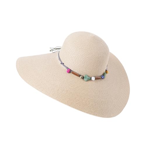 Lanzom Womens Wide Brim Straw Hat Big Floppy Foldable Roll up Cap Beach Sun Hat UPF 50+ - color: Rainbow Bead-beige