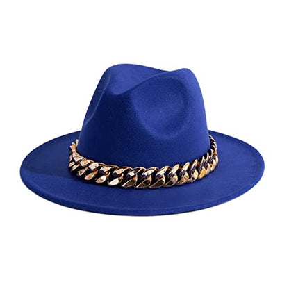 Men & Women Wide Brim Fedora Hat with Chain Buckle - color: Chain Belt-royal Blue