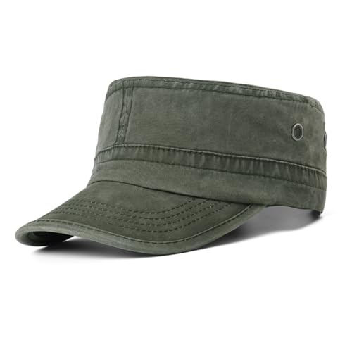 meioro Military Cadet Army Cap Vintage Washed Cotton Flat Top Hat - color: Army Green