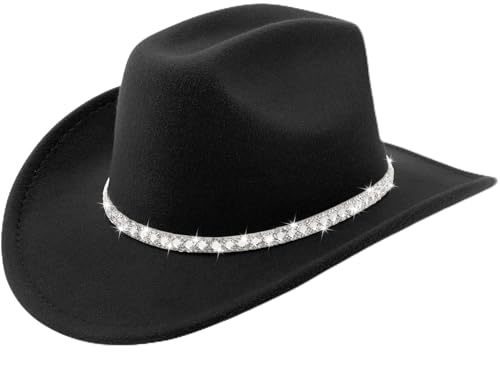 DRESHOW Western Cowboy Hat for Women and Men Wide Brim Glitter Cowboy Cowgirl Hat with Rhinestone Felt Fedora Hats - color: 1 Pack Style 10: Black