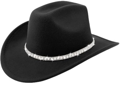 DRESHOW Western Cowboy Hat for Women and Men Wide Brim Glitter Cowboy Cowgirl Hat with Rhinestone Felt Fedora Hats - color: 1 Pack Style 10: Black