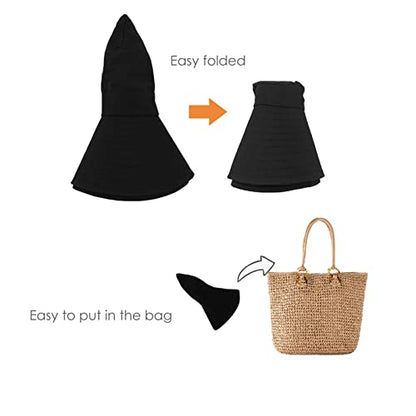 Womens Sun-Hat Outdoor Protection Foldable Beach-Bucket-Hat Ponytail-Hole - color: Black