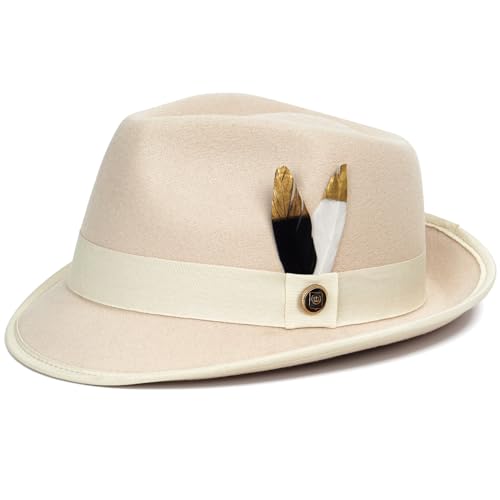 Fedora Hats for Men & Women Short Brim Felt hat Trilby Fedora with Feather Panama Dress Hat - color: Cream, size: Large