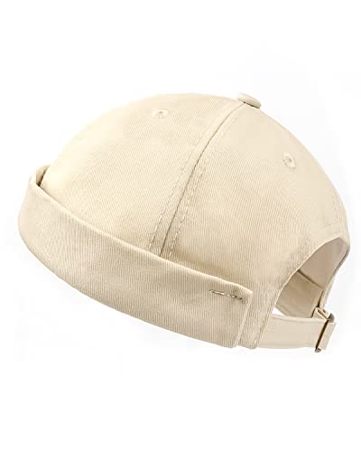 Zylioo Oversize XXL Brimless Hats,Large Rolled Cuff Skull Cap,Adjustable Sailor Docker Cap,Short No Visor Harbour Hat - color: Khaki, size: X-Large-XX-Large
