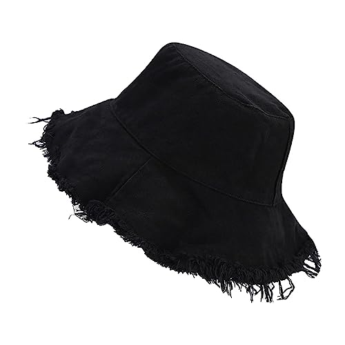 Quanhaigou Frayed Unisex Sun Hats, Fashion Beach Bucket Hat for Men Women,Summer Outdoor Boy's Girls Boonie Cap - color: Frayed Black