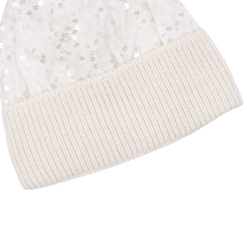 Women Sparkly Sequins Knitted Beanie Hat Warm Winter Skull Cap with Faux Fur Pom Pom - color: X Ceamy White With Knit Cuffs