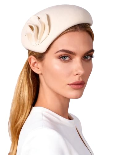 HIMESPORT Wool Felt Fascinator Hats for Women Ladies Female Wedding Cocktail Tea Party Dress Pillbox Hat - color: White 2