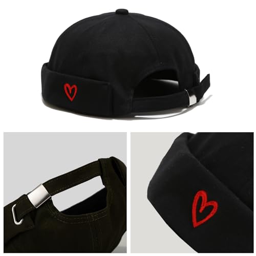 Mens Docker Cap Brimless Skullcap Sailor Cap Rolled Cuff Retro Beanie Hat - color: Heart Black