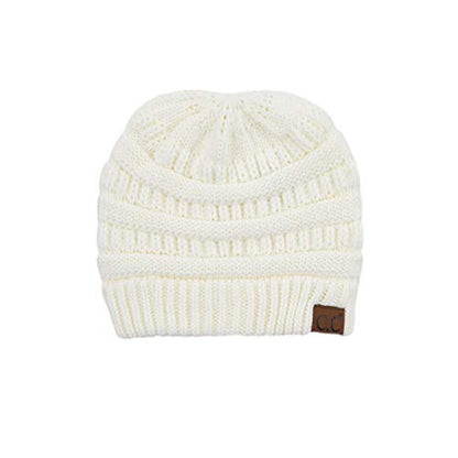 C.C Exclusives Soft Stretch Cable Knit Messy Bun Ponytail Beanie Winter Hat for Women (MB-20A) - color: 0 Criss-cross Ivory
