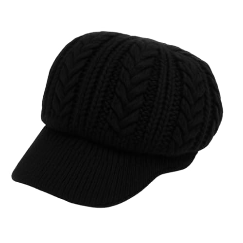 Women Knit Visor Beanie Warm Winter Hat Soft Cable Knit Cap Cozy Brim Style for Fall and Cold Weather - color: Black