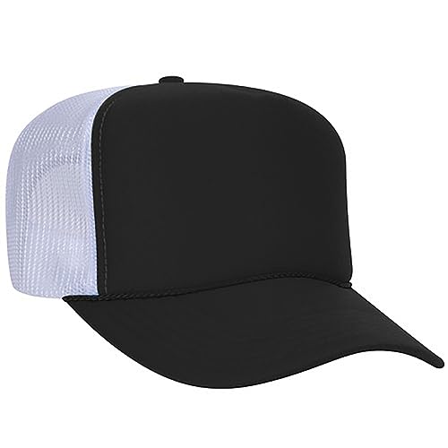 Ashen Fane Polyester Foam Front 5 Panel High Crown Mesh Back Trucker Hat - color: Blk/Blk/Wht