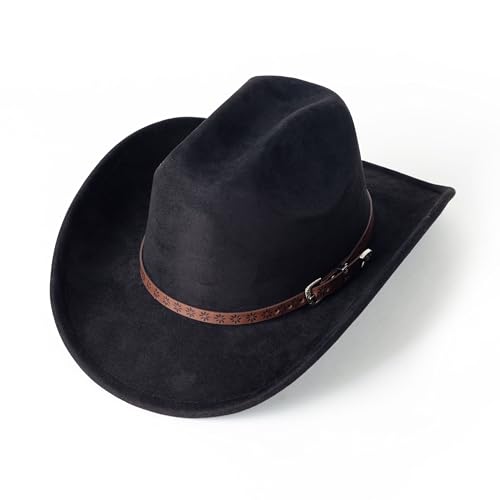 Western Cowboy Hat for Women Men Retro Suede Hat - color: Black-small Flower Belt