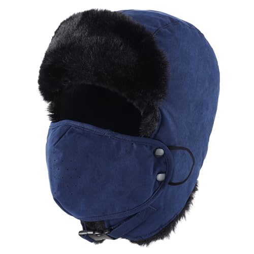 Connectyle Aviator Trapper Hat for Men Women Faux Fur Warm Winter Hat with Ear Flaps Faux Suede Ushanka Cold Weather Hats - color: Navy Blue
