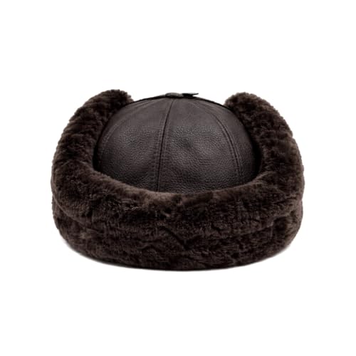 Handmade Sheepskin Leather Trapper Hat – Aviator Cap with Fur Lined Ear Flaps, Shearling Russian Ushanka Winter Hat - color: Brown, size: Large