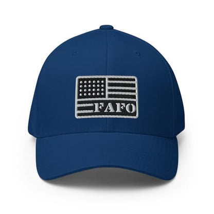 FX FAFO USA Flag Fitted Hat Embroidered Curved Bill Mid Crown Closed-Back Structured Twill Cap - color: Royal Blue, size: Large-X-Large