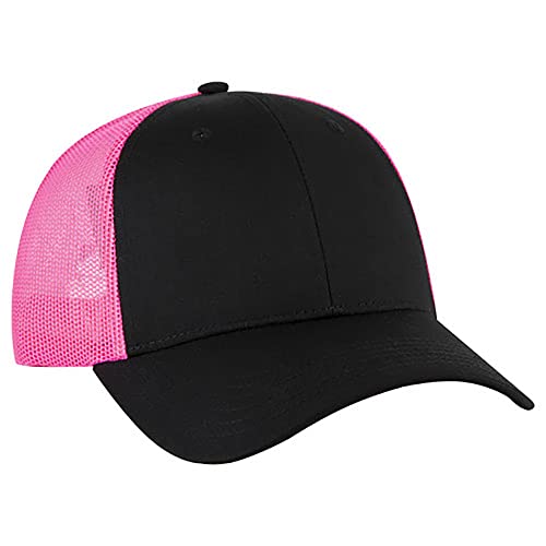 Ashen Fane 6 Panel Blend Twill Structured Low Profile Mesh Back Snapback Trucker Hat - color: Blk/Blk/N.pnk