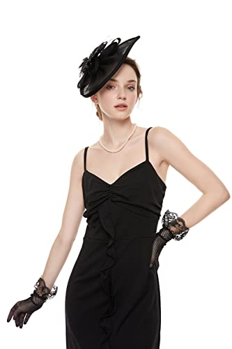 GurZinn Fascinator Hat Veil Feather Fascinator Tea Party Bridal Wedding Veil Pillbox Hat - color: Black Hat&glove