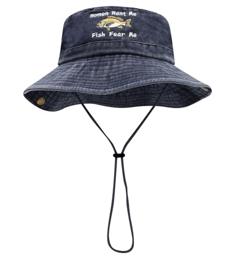 Sun Bucket Hat for Men Women Fishing Beach Safari Trendy Cotton Cowboy Cap for Golf Hiking Hunting Outdoor Boonie - color: Fish Navy