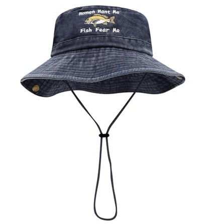Sun Bucket Hat for Men Women Fishing Beach Safari Trendy Cotton Cowboy Cap for Golf Hiking Hunting Outdoor Boonie - color: Fish Navy
