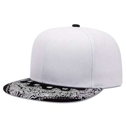 Trucker Hat Fashion Mens Women Snapback Hats - Flat Bill Brim Hat Adjustable Baseball Cap - color: Paisley White