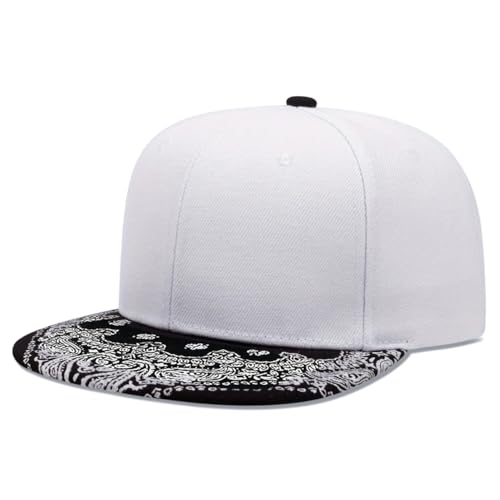 Trucker Hat Fashion Mens Women Snapback Hats - Flat Bill Brim Hat Adjustable Baseball Cap - color: Paisley White
