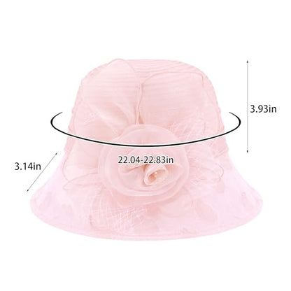Haoohu Women's Church Derby Hat Wide Brim Bow Bucket Hat Wedding Dress Hat Fascinator Bridal Tea Party Hat - color: Tm Light Pink