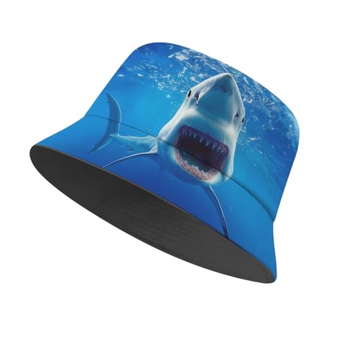 Amasnay Funny Bucket Hat Cotton Double-Side-Wear Reversible Sun Hat for Women Men, Summer Vacation Travel Beach Fisherman Hat - color: Cool Blue Shark