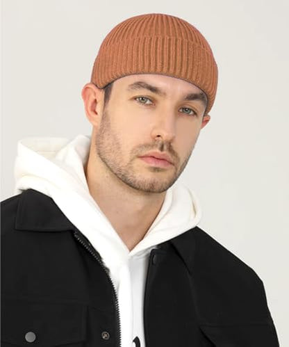 Heniho Wool Fleece Lined Fisherman Beanie for Men, Winter Warm Hats Cuffed Knit Watch Cap Trawler Hat - color: 1pack - Camel