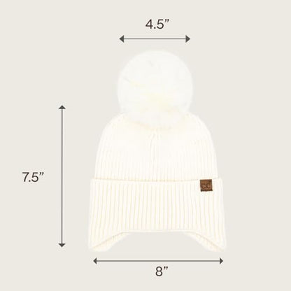 C.C Sequin Pom Beanie for Women - Acrylic Stretchable Soft Warm Knit Winter Skully Hat with Yarn Pom - color: Earflap-ivory