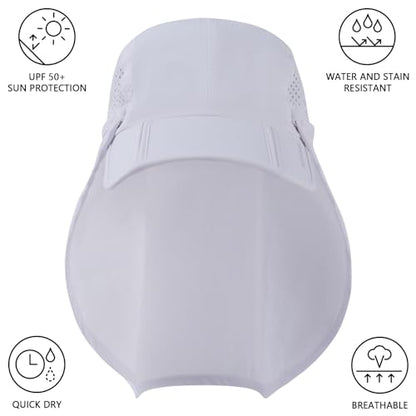 BASSDASH UPF 50+ Fishing Hat, Baseball Cap with Removable Neck Flap - color: White With Foldable Brim