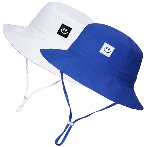 55cube Baby & Toddler Sun Hat UPF 50+ Bucket Hat with Chin Strap - color: 2pack White/Blue, size: 0-6 Months